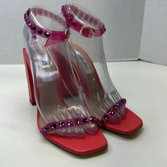 Sebastian Milano High Heels Shoes Pumps Open Toe Ankle Strap Jeweled Pink 38 7.5 - Picture 2 of 11